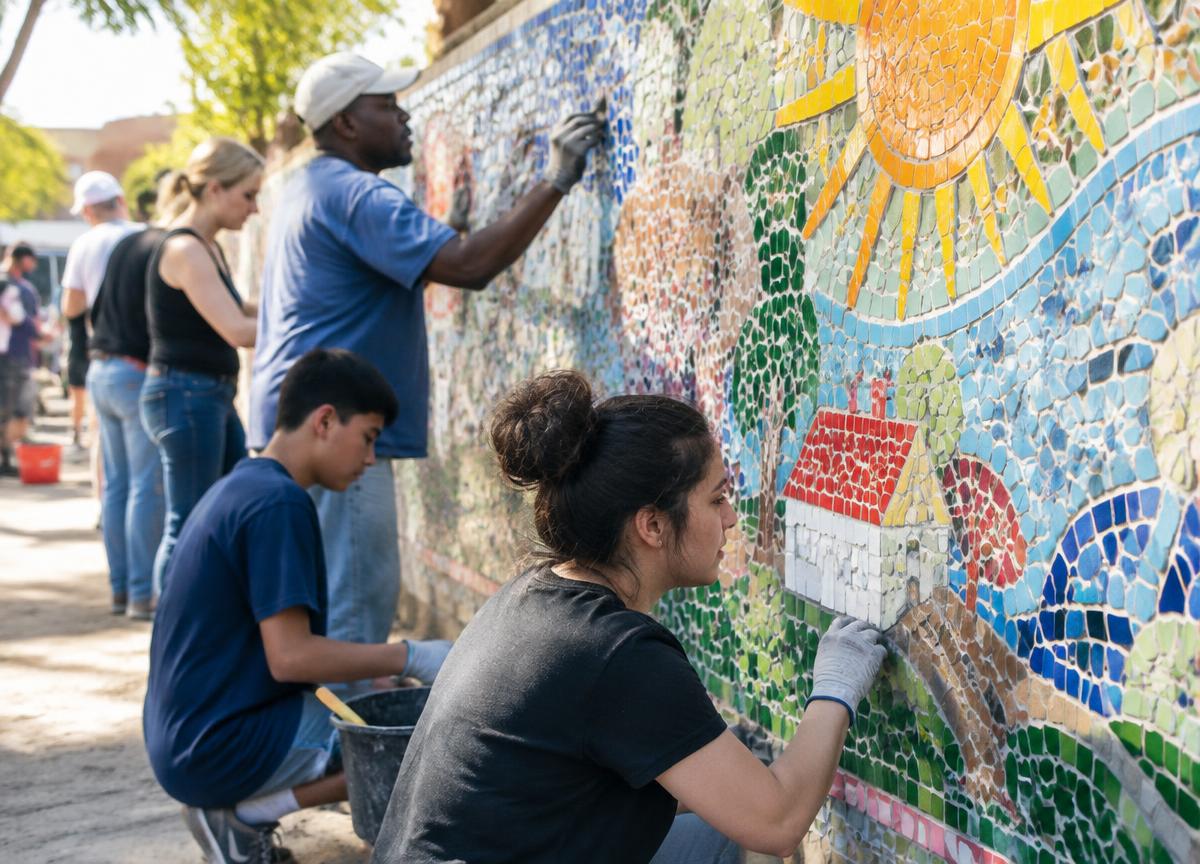 Communities participants collaborating on a mosaic