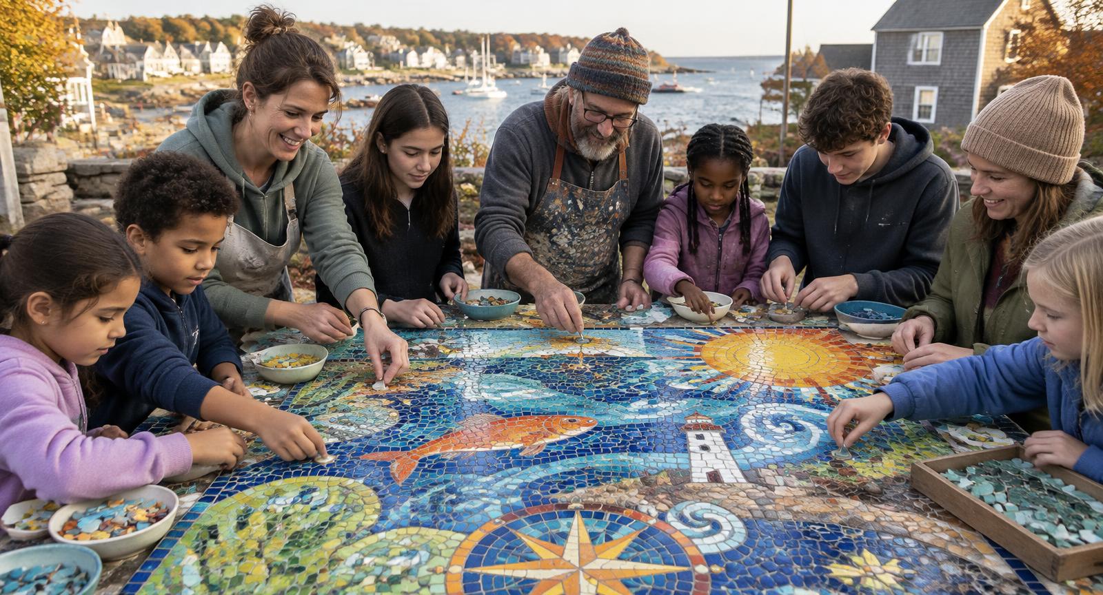 Children and adults creating a colorful community mosaic together