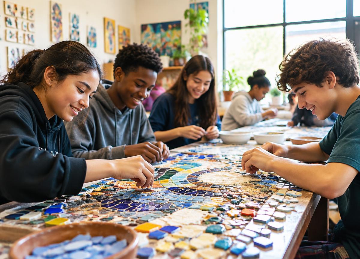 Schools participants collaborating on a mosaic