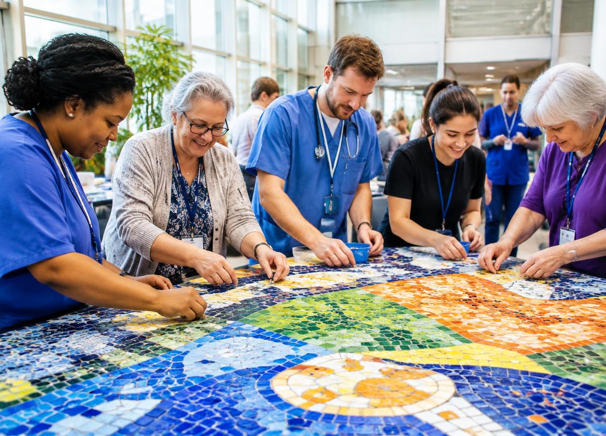Businesses & Hospitals participants collaborating on a mosaic